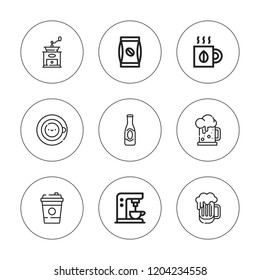 Mug icon set. collection of 9 outline mug icons with beer, coffee bag, coffee machine icons. editable icons.