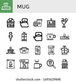 conjunto de iconos de mug. Colección de café, café, tetera, taza de papel, cosmopolita, irlandés, prensa francesa, alfiler, café frío, máquina, bolsa, iconos de fabricante