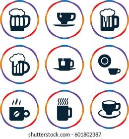 mug icons set. Set of 9 mug filled icons such as dish, tea cup, coffee cup, tea, coffee