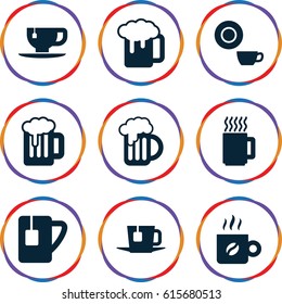 Mug icons set. set of 9 mug filled icons such as dish, tea cup, tea, coffee