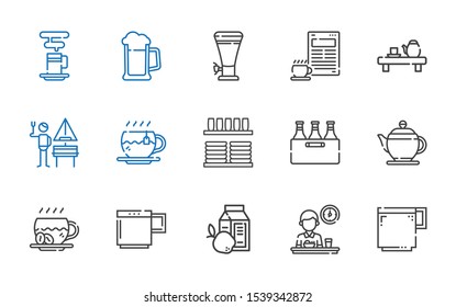 mug icons set. Collection of mug with coffee cup, breakfast, coffee, teapot, beer, crockery, tea, german. Editable and scalable mug icons.