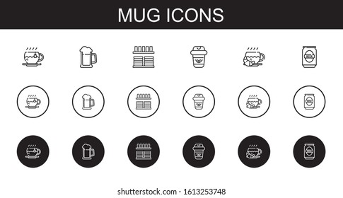 mug icons set. Collection of mug with tea, beer, crockery, coffee. Editable and scalable mug icons.