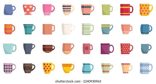 Mug icons set flat vector. Coffee cup. Steam hot mug isolated