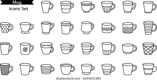 Ícones caneca conjunto isolado no fundo branco em uma variedade de estilos