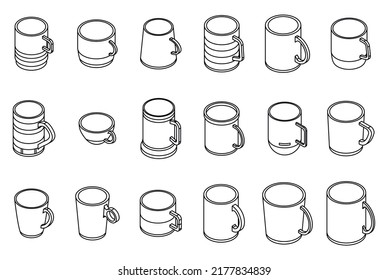 Mug icons set. Isometric set of mug vector icons thin line outline on white isolated