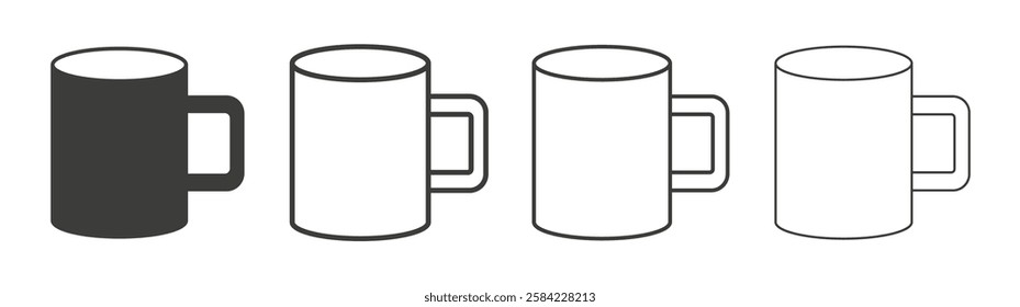 Mug icons set. Liner outlined and flat black color