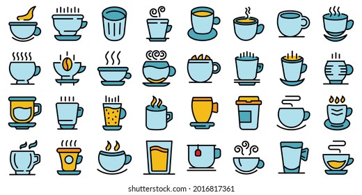 Ajuste de iconos de bloqueo. Conjunto de esquemas de iconos de vectores de taza color de línea delgada plano sobre blanco