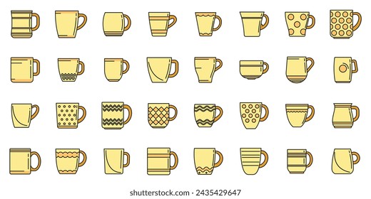 Mug icons set outline vector. Coffee cup. Steam hot mug color line isolated