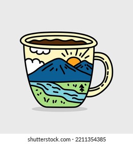 Mug illustration, Illustrated mug, Coffee mug, mountain scenery.