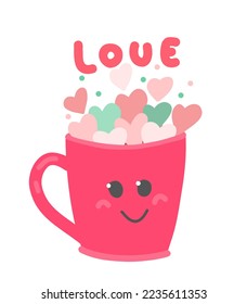 Mug illustration for valentine's day.
Pink cup with hearts. Cup of coffee with marshmallows hearts. 
