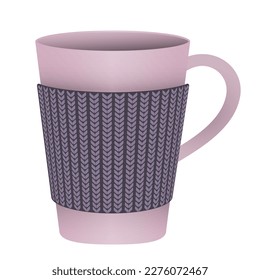 Mug in a knitted case Cartoon vector illustration. It can be used for sticker, patch, phone case, poster, t-shirt, mug and other design.