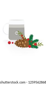 Mug in knitted fabric - fir cone, red berries, Christmas tree branch - isolated on white background - vector. Winter drinks.