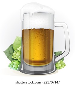 Mug of lager beer with a cap of foam and green hop cones with leaves on a white background