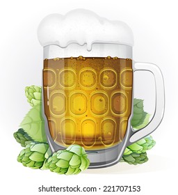 Mug of lager beer with a cap of foam and green hop cones with leaves on a white background