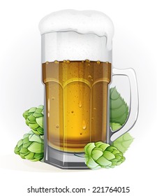 Mug of lager beer with a cap of foam and green hop cones with leaves on a white background