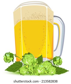 Mug of lager beer and green hops. Illustration in vector format