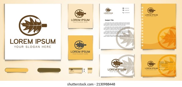 Mug, Leaf, Spoon and fork Logo and business card branding template Designs Inspiration, Vector Illustration