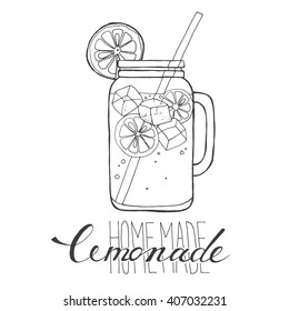 mug of lemonade with ice and a slice of lemon and a straw, a sketch of lemonade in a glass, hand drawing cup of lemonade, homemade lemonade lettering, isolated vector illustration, black and white