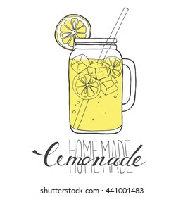 mug of lemonade with ice and a slice of lemon and a straw, a sketch of lemonade in a glass, hand drawing cup of lemonade, homemade lemonade lettering, vector illustration, black, yellow and white