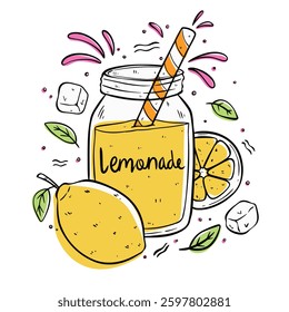 Mug of lemonade with ice and a straw. Lemon, and lemon slice, mint and hand written text. Summer Doodle style