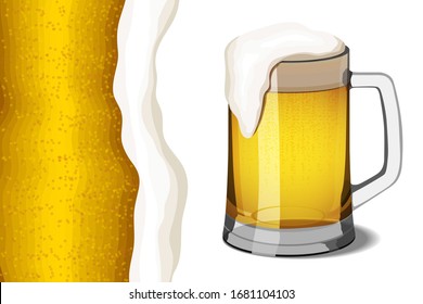 Mug of light beer with a foam head on a white background