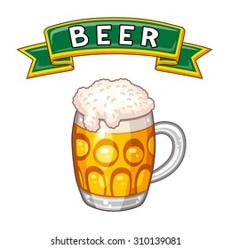 Mug of light beer with a green ribbon banner.