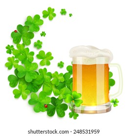 Mug of light beer on green clovers swirl background, vector St. Patrick's Day illustration