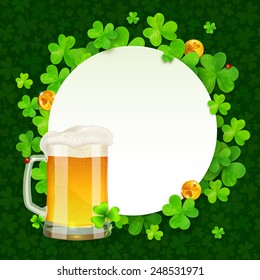 Mug of light beer on green clovers round background, vector St. Patrick's Day illustration