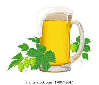 A mug of light beer and a sprig of hops with ripe fruit. Illustration for the beer festival, menu.