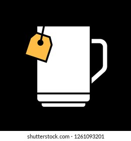 Mug linear graphic icon, silhouette. Concept illustration with yellow label.