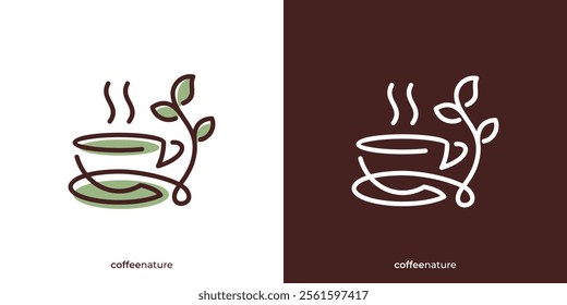 Mug and Lleaves with Line art Sstyle for Tea Coffee or Drinks Logo Design Template.