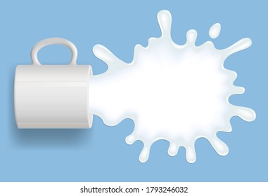 Mug tendida a su lado con una leche vertida aislada en un fondo azul claro. Bolsa de un líquido blanco. Ilustración vectorial.