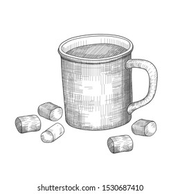 Mug Of Marshmallow Coffee, Vector Illustration In Engraving Sketch Style, Isolated On White Background