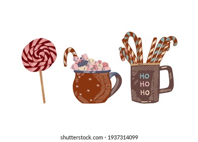 Mug con malvaviscos y caramelo. Lollipop y mug con caramelos de Navidad y ho ho ho ho ho ho hlettering. Estilo dibujado a mano. Para una postal, para felicitar, un afiche.