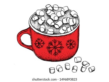 Mug with marshmallows. Doodle vector illustration.