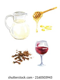Mug Milk  honey  cloves  glass wine isolated white background  Hand drawn watercolor illustration