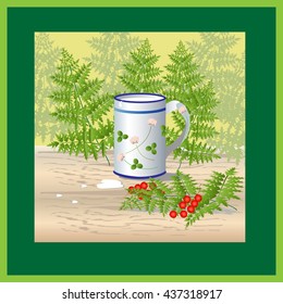 mug of milk standing on a wooden table