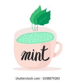Mug with mint tea pastel pink color. Mint leaves. Isolated illustration on white background