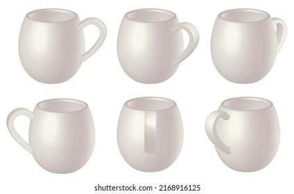 Mug se burla. Colección de tazas blancas en una posición diferente. café de representación 3D, té, maquetas de chocolate caliente, ilustración vectorial.