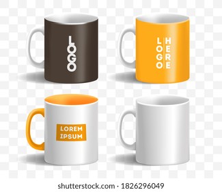 Mug Mockup Set. Isolated Blank Ceramic Cup With Handle Template Icons. Realistic Empty Tea Drink Mug Mockup Collection On Transparent Background Vector Illustration