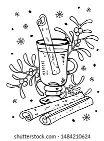 Mug with mulled wine, cinnamon and mistletoe on the background. Hand drawn outline vector illustration black on white