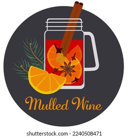 Ein Schlamm aus Glühwein mit Zimtstangen und Scheiben aus orangefarbener, runder Vektorgrafik