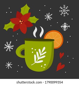 Mug with mulled wine. Hot drink with spices and fruits, autumn and winter drinks, traditional food postcard or poster recipe flat vector cartoon doodle illustration on dark and snowflake