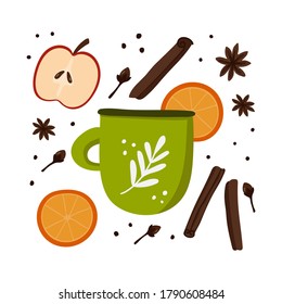 Mug with mulled wine. Hot drink with spices and fruits, autumn and winter drinks, traditional food postcard or poster recipe flat vector cartoon doodle collection
