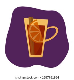 A mug of mulled wine with an orange slice and a cinnamon stick. Flat vector illustration.