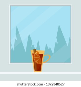 A mug of mulled wine with an orange slice and a cinnamon stick. Flat vector illustration.
