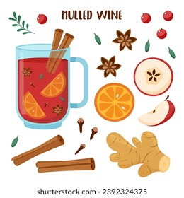 Mug of mulled wine with oranges, apples, ginger, anise, cardamon and cinnamon sticks. Mulled wine ingredients.