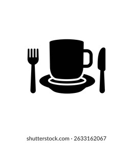 Mug on Plate with Fork Icon - Breakfast and Coffee Symbol