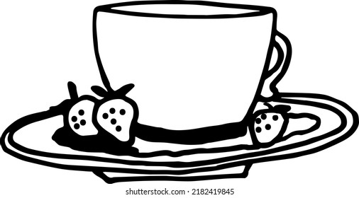 Mug on a plate with strawberries illustration.  Hand-drawn doodles illustration.
Line art.