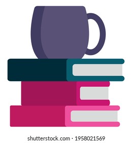 mug on a stack of books, Stack of books with mug of tea flat vector illustration, Flat Design Book Icon.